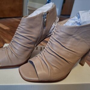 Vince Camuto Ruched Tan Peep-Toe Heeled Boots